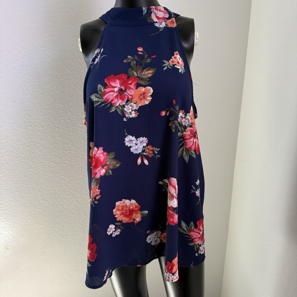 FSL Blue Women's black Floral high Neck Keyhole Sleeveless Blouse Top sz S